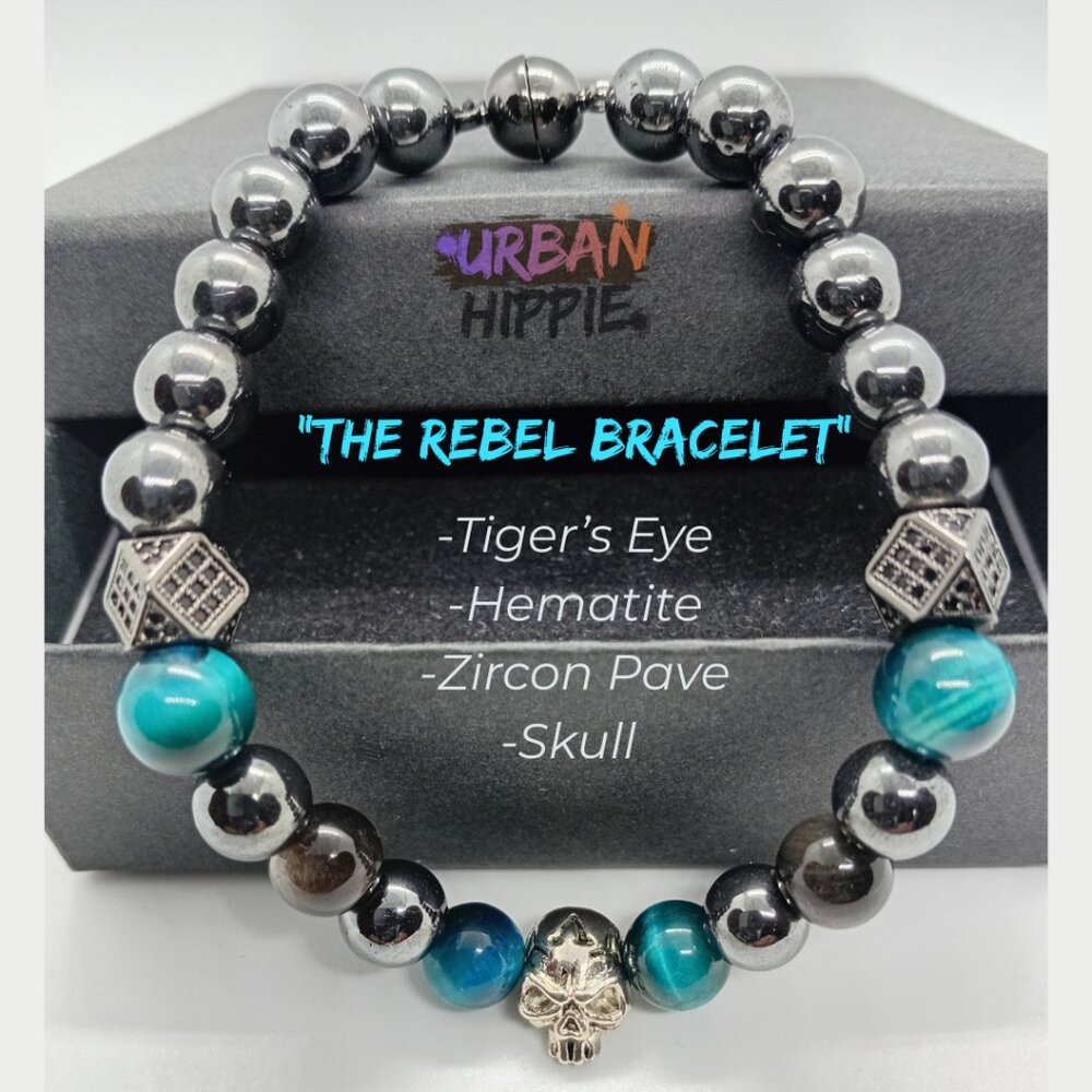 NATURAL STONE Men's Skull Head Tiger's Eye Hematite Bead Bracelet Magnet Clasp